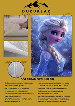 Kaymaz Taban Makinada Yıkanabilir Dijital Baskı Elsa Frozen Desenli Genç Odası Halısı Dot Taban Halı GNC15