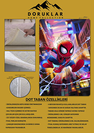 Kaymaz Taban Makinede Yıkanabilir Dijital Baskı Spiderman Desenli Genç Odası Halısı Dot Taban Halı Gnc18