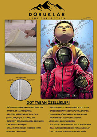 Kaymaz Taban Makinede Yıkanabilir Dijital Baskı Squid Game Desenli Genç Odası Halısı Dot Taban Halı Sg03