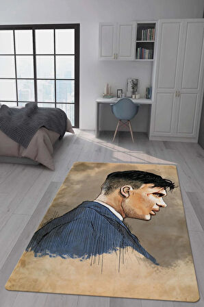 Kaymaz Taban Makinede Yıkanabilir Dijital Baskı Thomas Shelby Desenli Genç Odası Halısı Dot Taban Halı Gnc37