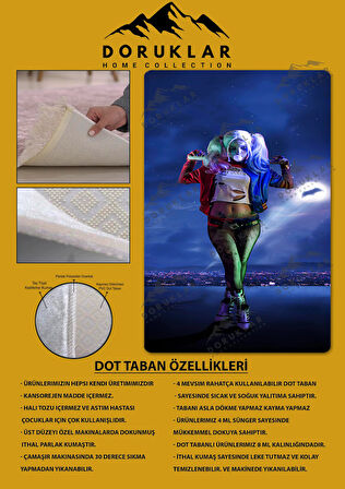 Kaymaz Taban Makinede Yıkanabilir Dijital Baskı Harley Quinn Desenli Genç Odası Halısı Dot Taban Halı Gnc42