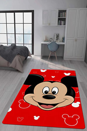 Kaymaz Taban Makinada Yıkanabilir Dijital Baskı Mickey Mouse Desenli Genç Odası Halısı Dot Taban Halı GNC47