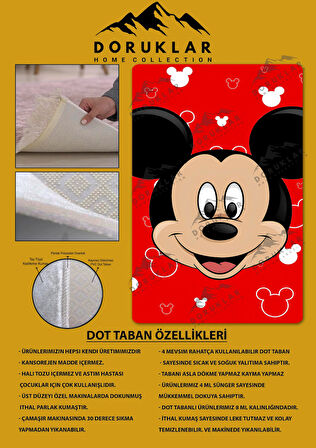 Kaymaz Taban Makinada Yıkanabilir Dijital Baskı Mickey Mouse Desenli Genç Odası Halısı Dot Taban Halı GNC47