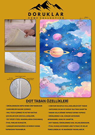 Kaymaz Taban Makinede Yıkanabilir Dijital Baskı Pembe Uzay Desenli Genç Odası Halısı Dot Taban Halı Gnc49
