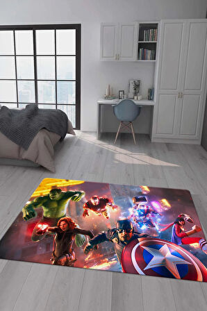 Kaymaz Taban Makinede Yıkanabilir Dijital Baskı Marvel Avenger Desenli Genç Odası Halısı Dot Taban Halı Gnc55