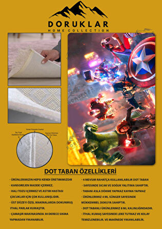 Kaymaz Taban Makinede Yıkanabilir Dijital Baskı Marvel Avenger Desenli Genç Odası Halısı Dot Taban Halı Gnc55