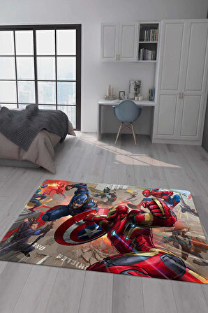 Kaymaz Taban Makinede Yıkanabilir Dijital Baskı Marvel Avengers Desenli Genç Odası Halısı Dot Taban Halı Gnc66