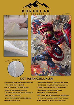 Kaymaz Taban Makinede Yıkanabilir Dijital Baskı Marvel Avengers Desenli Genç Odası Halısı Dot Taban Halı Gnc66