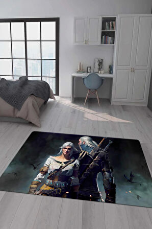 Kaymaz Taban Makinede Yıkanabilir Dijital Baskı Witcher Desenli Genç Odası Halısı Dot Taban Halı Gnc71