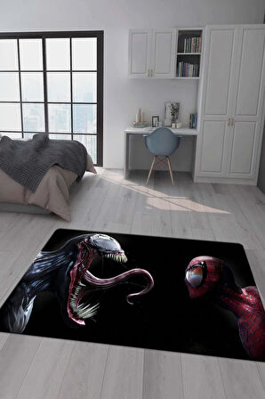 Kaymaz Taban Makinede Yıkanabilir Dijital Baskı Spiderman Venom Desenli Genç Odası Halısı Dot Taban Halı Gnc75