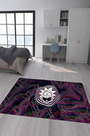Kaymaz Taban Makinede Yıkanabilir Dijital Baskı Rick And Morty Desenli Çocuk Odası Halısı Dot Taban Halı Rm09