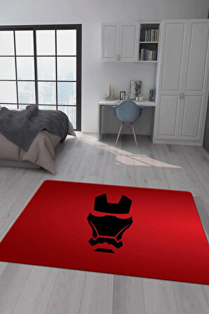Kaymaz Taban Makinede Yıkanabilir Dijital Baskı İron Man Desenli Çocuk Odası Halısı Dot Taban Halı Brk06