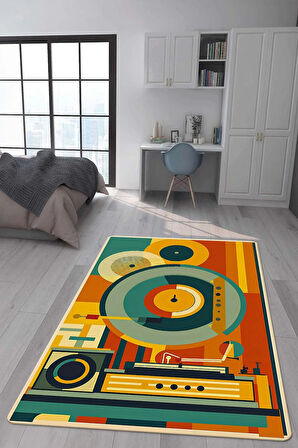 Kaymaz Taban Makinede Yıkanabilir Dijital Baskı Retro Desenli Çocuk Genç Odası Halısı Dot Taban Halı Rtr02