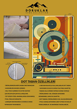 Kaymaz Taban Makinede Yıkanabilir Dijital Baskı Retro Desenli Çocuk Genç Odası Halısı Dot Taban Halı Rtr02