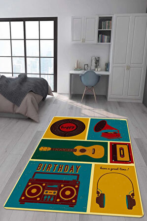 Kaymaz Taban Makinede Yıkanabilir Dijital Baskı Retro Desenli Çocuk Genç Odası Halısı Dot Taban Halı Rtr03