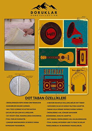 Kaymaz Taban Makinede Yıkanabilir Dijital Baskı Retro Desenli Çocuk Genç Odası Halısı Dot Taban Halı Rtr03