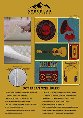 Kaymaz Taban Makinede Yıkanabilir Dijital Baskı Retro Desenli Çocuk Genç Odası Halısı Dot Taban Halı Rtr03