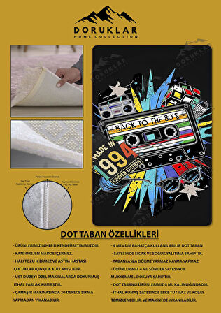 Kaymaz Taban Makinede Yıkanabilir Dijital Baskı Retro Desenli Çocuk Genç Odası Halısı Dot Taban Halı Rtr04