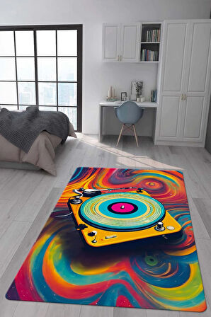 Kaymaz Taban Makinede Yıkanabilir Dijital Baskı Retro Desenli Çocuk Genç Odası Halısı Dot Taban Halı Rtr05