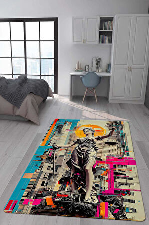 Kaymaz Taban Makinede Yıkanabilir Dijital Baskı Retro Desenli Çocuk Genç Odası Halısı Dot Taban Halı Rtr10