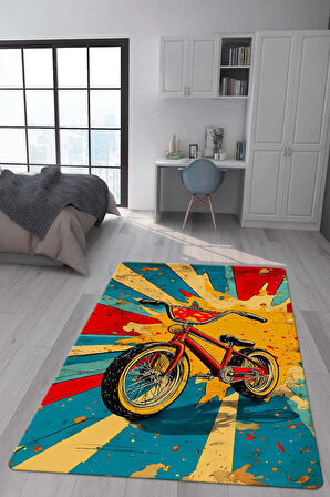 Kaymaz Taban Makinede Yıkanabilir Dijital Baskı Retro Desenli Çocuk Genç Odası Halısı Dot Taban Halı Rtr14