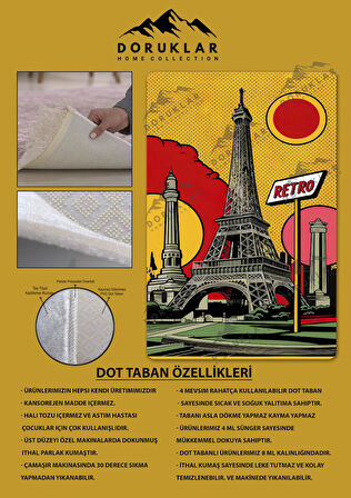 Kaymaz Taban Makinede Yıkanabilir Dijital Baskı Retro Desenli Çocuk Genç Odası Halısı Dot Taban Halı Rtr16