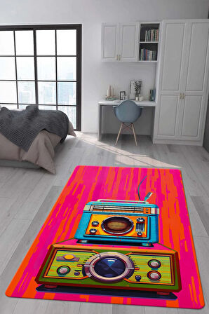 Kaymaz Taban Makinede Yıkanabilir Dijital Baskı Retro Desenli Çocuk Genç Odası Halısı Dot Taban Halı Rtr18