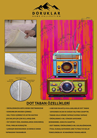 Kaymaz Taban Makinede Yıkanabilir Dijital Baskı Retro Desenli Çocuk Genç Odası Halısı Dot Taban Halı Rtr18