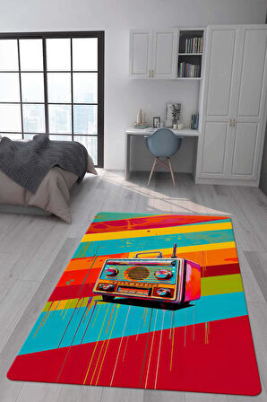 Kaymaz Taban Makinede Yıkanabilir Dijital Baskı Retro Desenli Çocuk Genç Odası Halısı Dot Taban Halı Rtr19