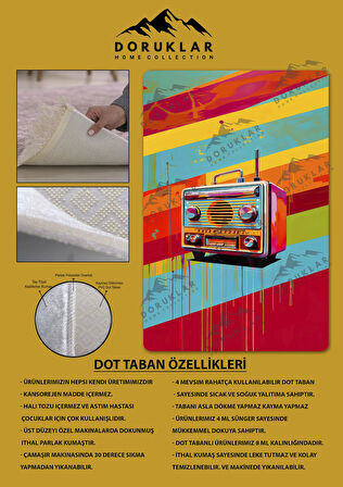Kaymaz Taban Makinede Yıkanabilir Dijital Baskı Retro Desenli Çocuk Genç Odası Halısı Dot Taban Halı Rtr19