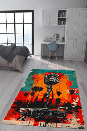 Kaymaz Taban Makinede Yıkanabilir Dijital Baskı Retro Desenli Çocuk Genç Odası Halısı Dot Taban Halı Rtr20