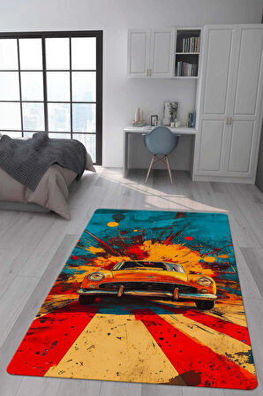 Kaymaz Taban Makinede Yıkanabilir Dijital Baskı Retro Desenli Çocuk Genç Odası Halısı Dot Taban Halı Rtr21