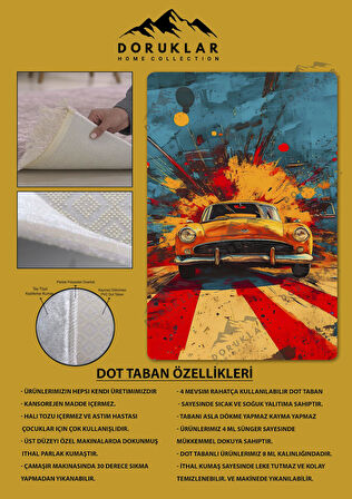 Kaymaz Taban Makinede Yıkanabilir Dijital Baskı Retro Desenli Çocuk Genç Odası Halısı Dot Taban Halı Rtr21