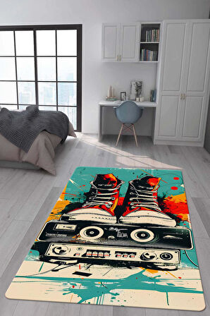 Kaymaz Taban Makinede Yıkanabilir Dijital Baskı Retro Desenli Çocuk Genç Odası Halısı Dot Taban Halı Rtr22
