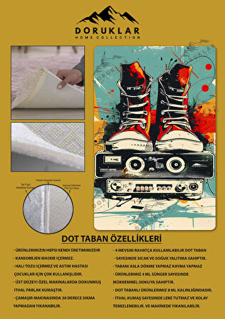 Kaymaz Taban Makinede Yıkanabilir Dijital Baskı Retro Desenli Çocuk Genç Odası Halısı Dot Taban Halı Rtr22