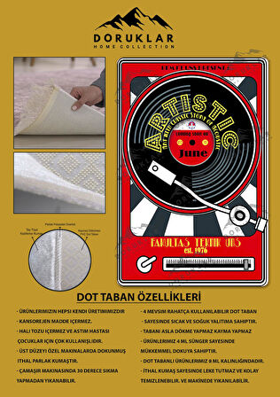 Kaymaz Taban Makinede Yıkanabilir Dijital Baskı Retro Desenli Çocuk Genç Odası Halısı Dot Taban Halı Rtr26
