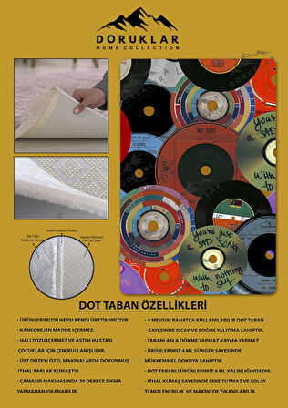 Kaymaz Taban Makinede Yıkanabilir Dijital Baskı Retro Desenli Çocuk Genç Odası Halısı Dot Taban Halı Rtr27