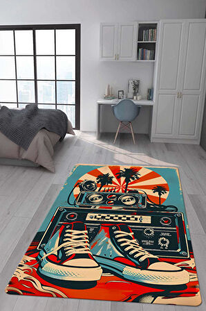 Kaymaz Taban Makinede Yıkanabilir Dijital Baskı Retro Desenli Çocuk Genç Odası Halısı Dot Taban Halı Rtr28