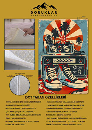 Kaymaz Taban Makinede Yıkanabilir Dijital Baskı Retro Desenli Çocuk Genç Odası Halısı Dot Taban Halı Rtr28