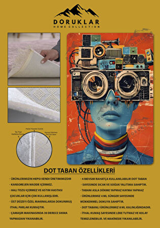 Kaymaz Taban Makinede Yıkanabilir Dijital Baskı Retro Desenli Çocuk Genç Odası Halısı Dot Taban Halı Rtr29