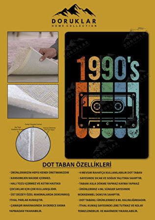 Kaymaz Taban Makinede Yıkanabilir Dijital Baskı Retro Desenli Çocuk Genç Odası Halısı Dot Taban Halı Rtr30