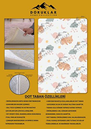 Kaymaz Taban Makinada Yıkanabilir Dijital Baskı Tatlı Kedi Desenli Çocuk Odası Halısı Dot Taban Halı RB09