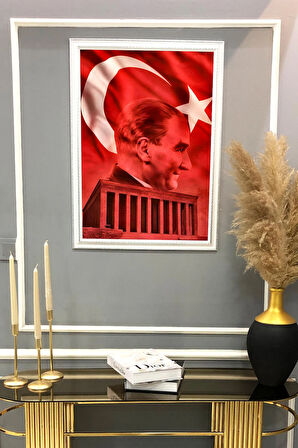 Atatürk ve Anıt Kabir Portresi  Desenli Çerçeveli Duvar Tablosu 50x70cm PTL12