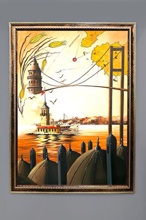 Köprü, Galata Kulesi ve Kız Kulesi Desenli Çerçeveli Duvar Tablosu 50x70cm OSMN07