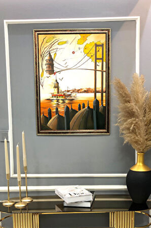 Köprü, Galata Kulesi ve Kız Kulesi Desenli Çerçeveli Duvar Tablosu 50x70cm OSMN07