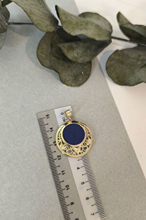 Büyük Boy Lacivert Mineli Altın Yuvarlak Etnik Kolye