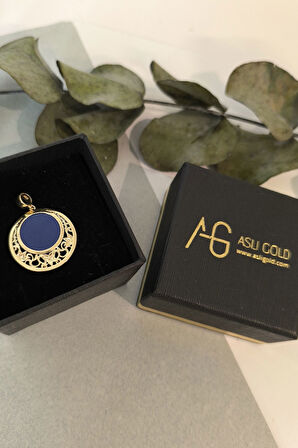 Büyük Boy Lacivert Mineli Altın Yuvarlak Etnik Kolye