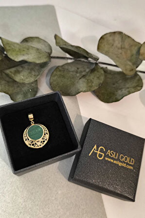 Küçük Boy Yeşil Mineli Altın Yuvarlak Etnik Kolye