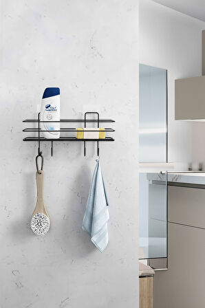 Siyah Yapışkanlı Banyo Rafı Mutfak Rafı Çok Amaçlı Askılı Düzenleyici Organizer Paslanmaz Şampuanlık