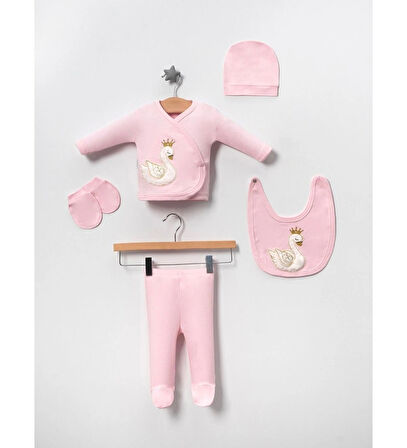 Kız Bebek Kuğu Desenli Pembe 5li Hastane Çıkışı